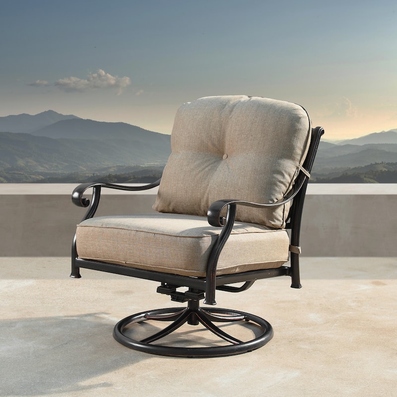 Aluminum Outdoor Deep Seating Swivel Rocking Club Chairs in Antique Copper Finish with Thick Tan Polyester Cushions (set of 2)