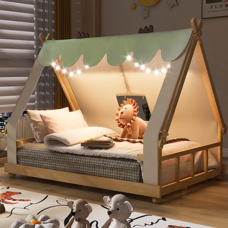 Whimsical Tent House Bed with Lights and Skylight by Harper&Bright Designs - White - Full