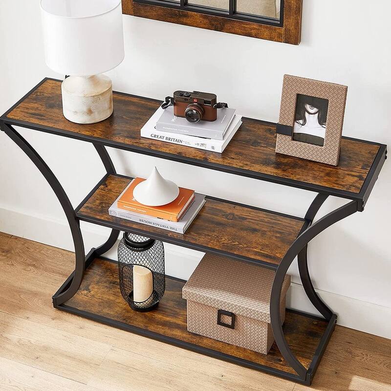 Black Metal Console Table with Curved Frames and 2 Open Wood Shelves for Modern Entryway or Living Room