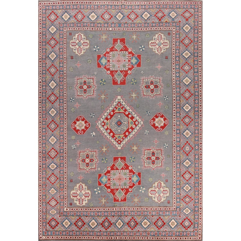 Hand Knotted Oriental 100% Wool Carpet Traditional Geometric Greys & Charcoal Kazak Area Rug - 13' 7'' X 9' 10''