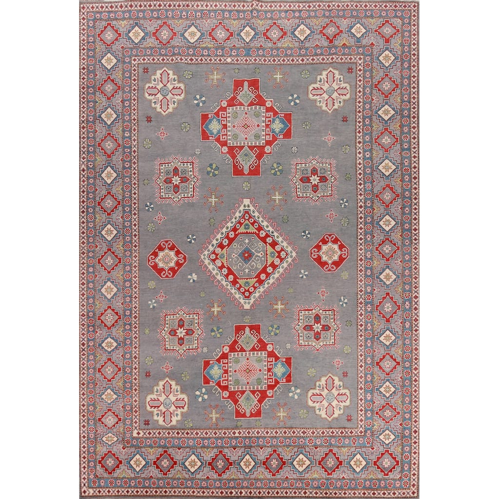 Hand Knotted Oriental 100% Wool Carpet Traditional Geometric Greys & Charcoal Kazak Area Rug - 13' 7'' X 9' 10''