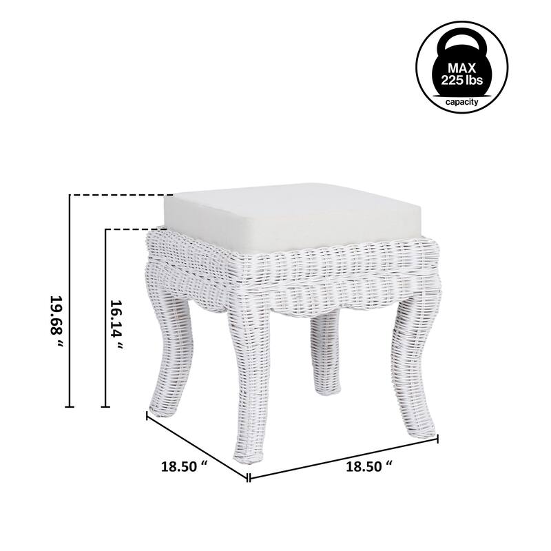 Praerie 19.7" Woven Rattan/Wood Vanity Stool, White Cushion with Natural Frame, by JONATHAN Y - 19.68"