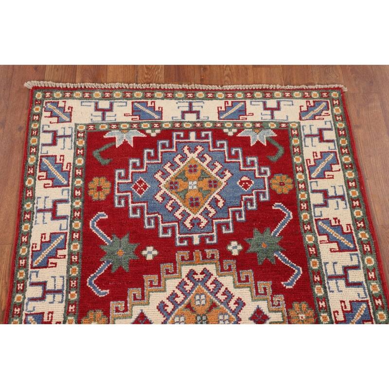 Geometric Red Kazak Accent Rug Hand-Knotted Foyer Wool Carpet - 2'9" x 4'1"