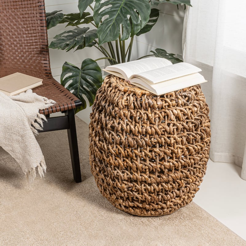Orla 21" Rustic Bohemian Barrel-Style Abaca/Iron Handwoven Stool, Brown by JONATHAN Y