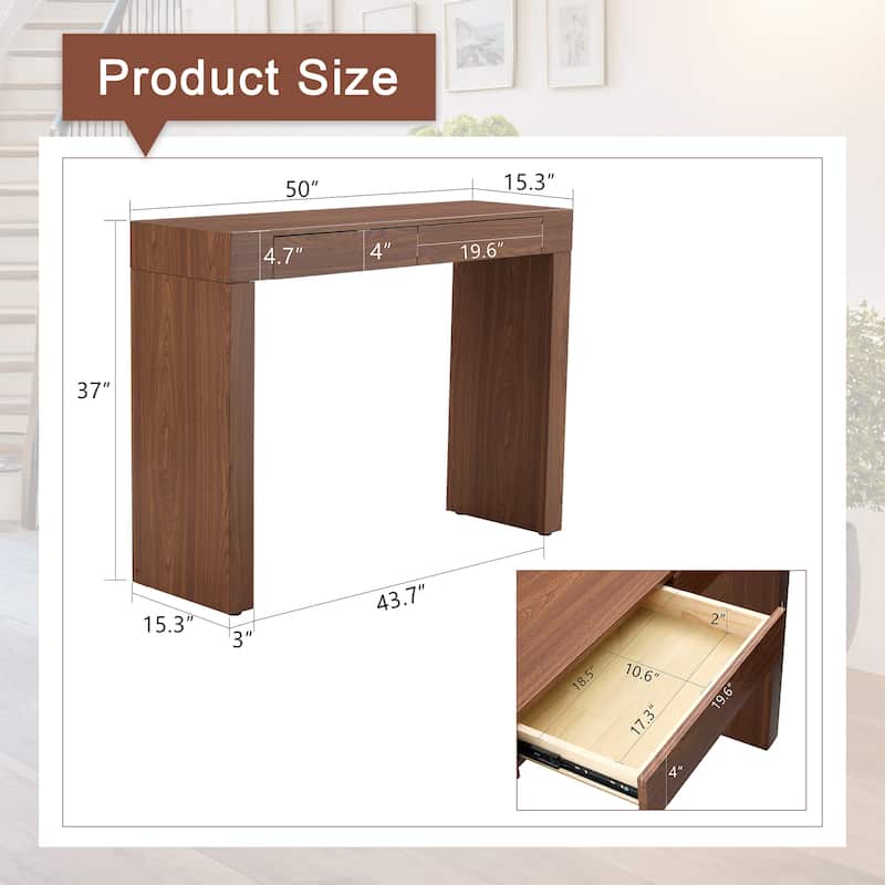 50-Inch Wood Grain Bar Table – Dual Drawers, Multi-Functional as Desk or Bar Counter.