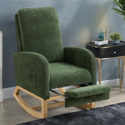 Boucle Fabric Rocking Chair with Retractable Footrest and Side Pocket