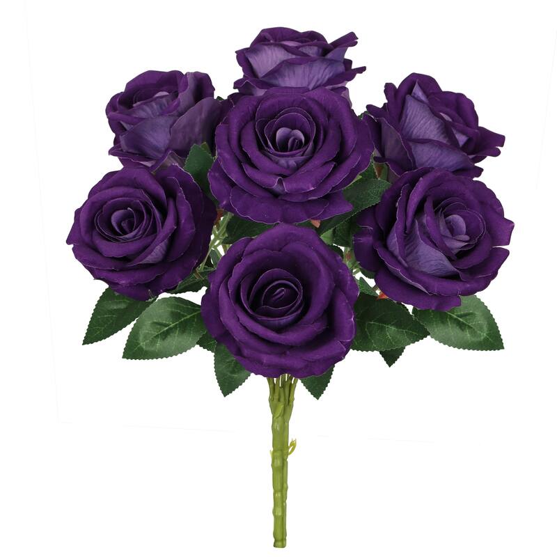 Set of 2 Royal Purple Artificial Velvet Rose Flower Stem Bush Bouquet 16in - 16" L x 11" W x 11" DP