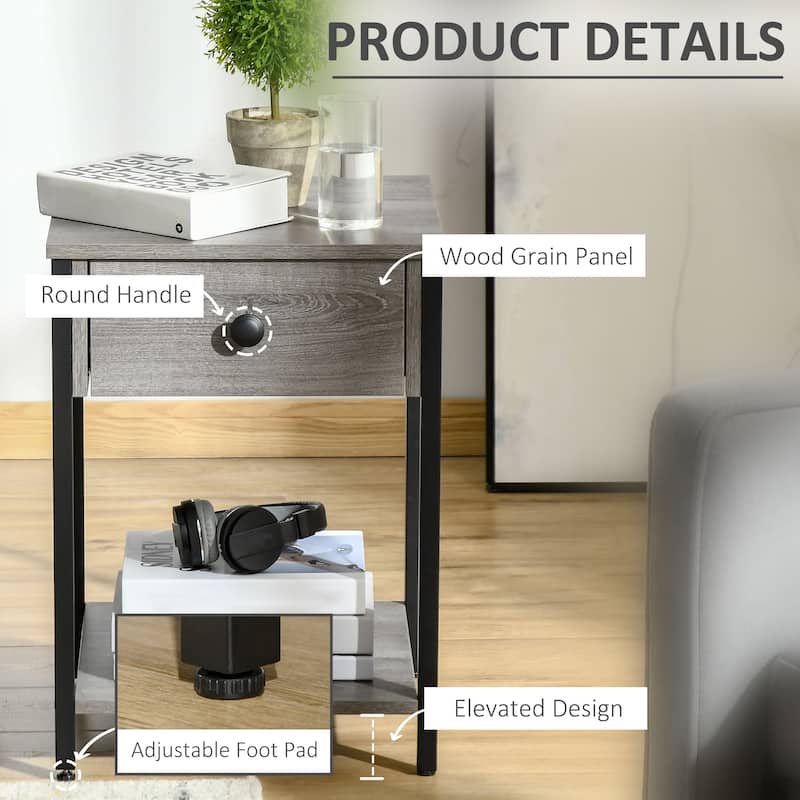 HOMCOM Industrial Side Table with Storage Shelf, Accent Table with Drawer for Living Room, or Bedroom, Rustic Brown