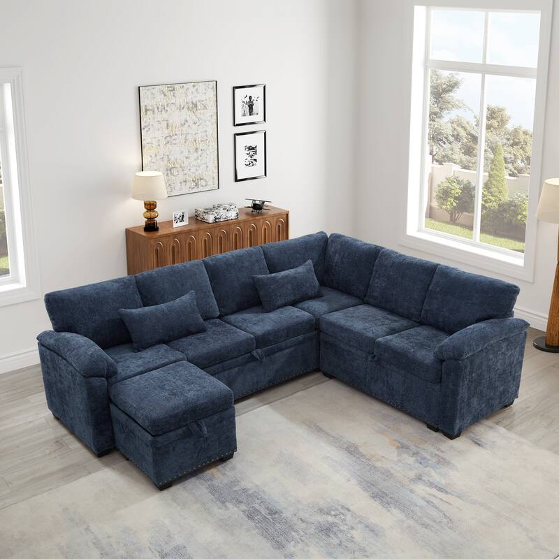 L-Shaped Chenille Sectional Sofa with Pull-Out Bed, Upholstered Convertible 7-Seater Sofa with Storage Ottoman & 2 Pillows