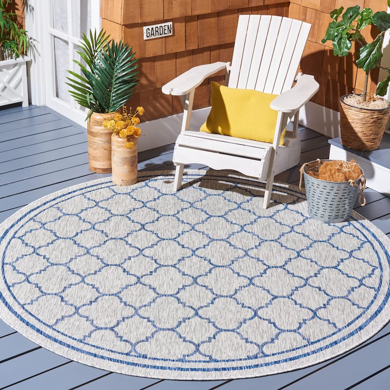 SAFAVIEH Courtyard Kamini Indoor/ Outdoor Waterproof Patio Backyard Rug - 6'7" Round - Grey/Navy