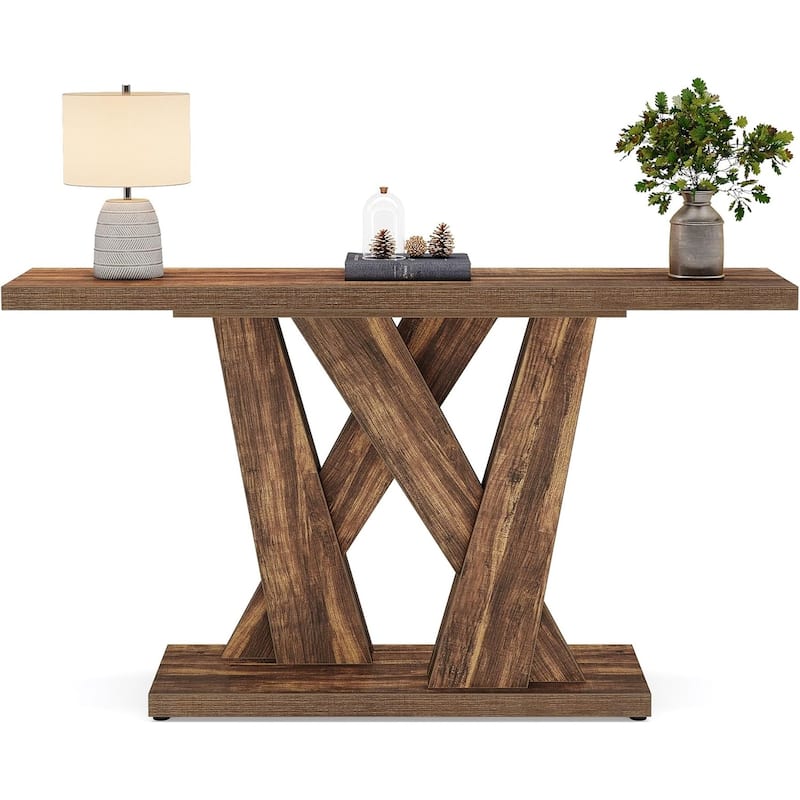 Brown MDF Farmhouse Console Table with Geometric Base for Entryway - 55.12” L x 11.61” W x 32.28” H