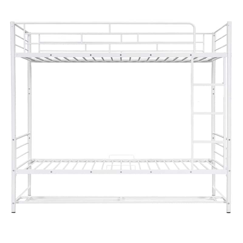 Twin Over Twin Metal Bunk Bed with A Storage Rack and Safety Guardrail
