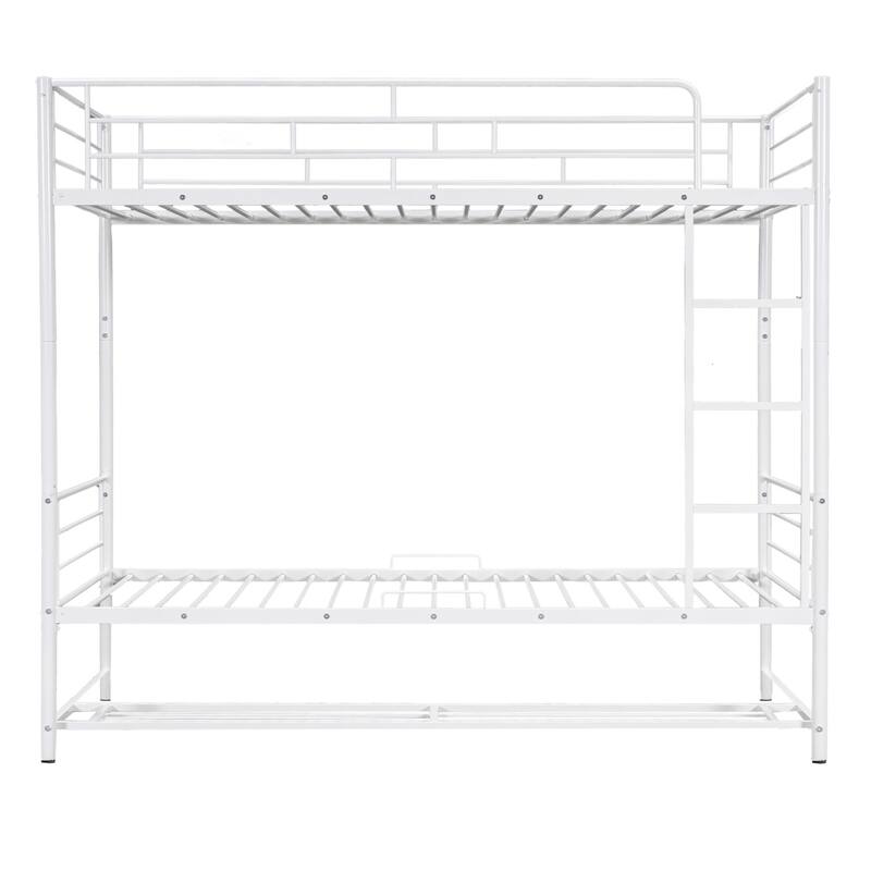 White Metal Bunk Bed with Bottom Shelf and Full-Length Guardrails, Converts to Two Beds