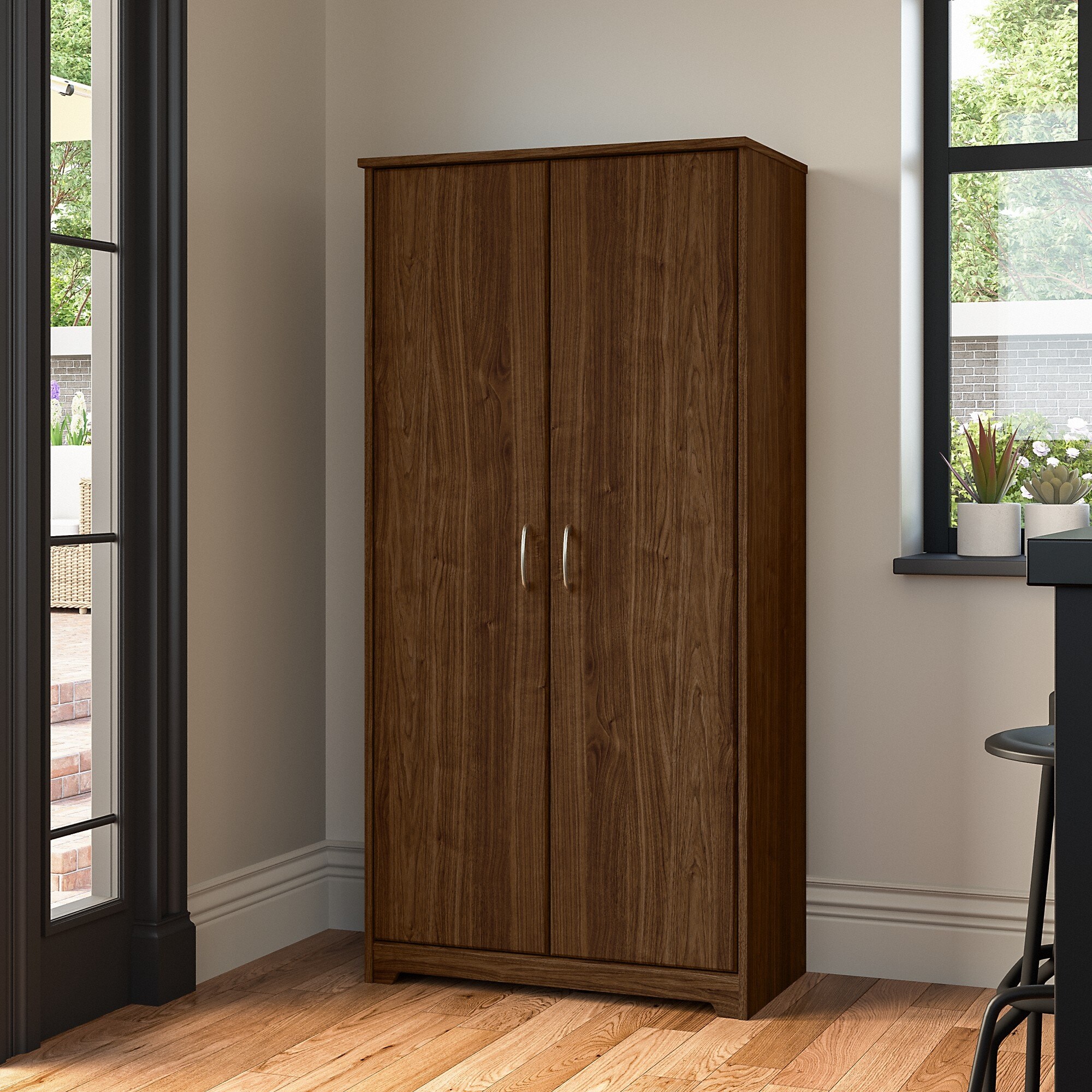 Medium brown wood two-door wardrobe with silver handles