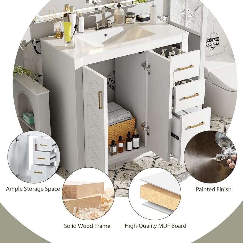 36" Bathroom Vanity Combo with Ceramic Basin, Solid Wood Frame, 3 Drawers, Soft-Close Doors