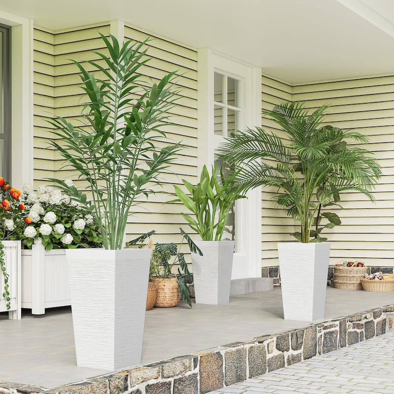 Outsunny 22.8 Inch Tall Planters for Outdoor Plants, Set of 3 Plastic Flower Pots with Stone Finish and Wheels - White