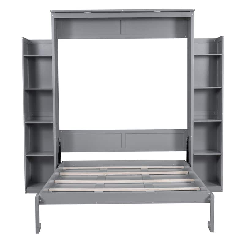 Nordic Creative Queen Size Murphy Bed with Shelves and LED Lights Wall Bed for Kids Teens Adults Space-Saving, Easy Assembly