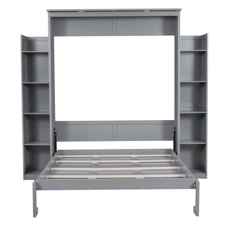 Wooden Wall Murphy Bed with Side Bookshelf & LED Lights