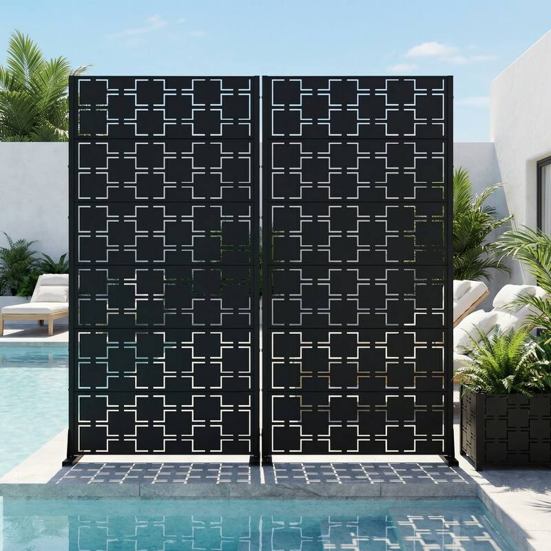 Outdoor Freestanding Metal Privacy Screen Decorative Garden Fence Set of 2 - Black - 72"X35"