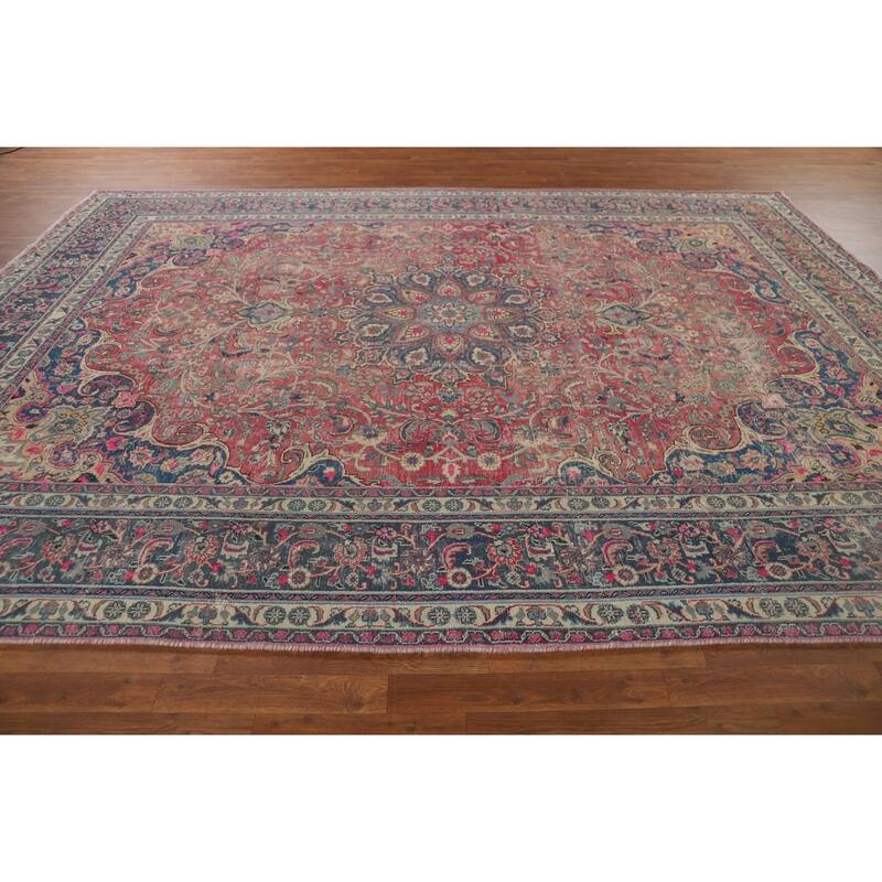 Distressed Mashad Persian Antique Area Rug Hand-Knotted Wool Carpet - 9'5" x 12'5"