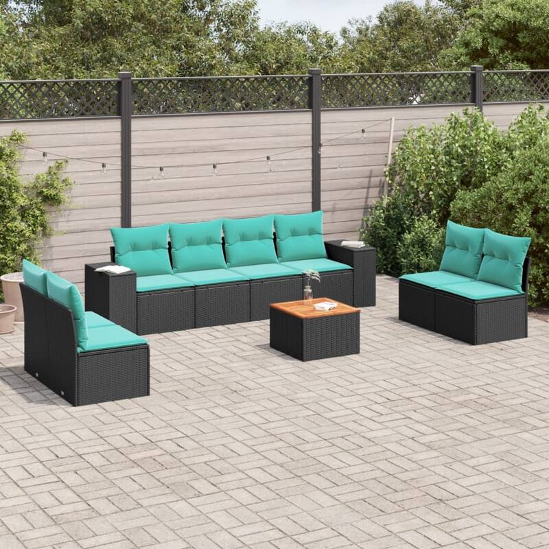 vidaXL 9 Piece Patio Sofa Set with Cushions Black Poly Rattan - 21.7 x 24.4 x 27.2