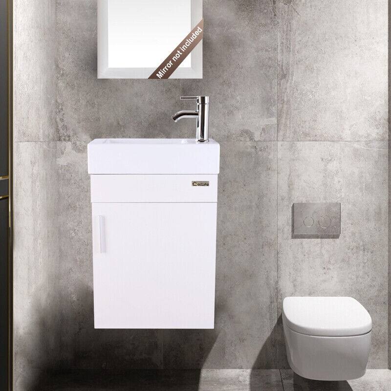 18.4" Wall Mounted Bathroom Vanity Set Porcelain Ceramic Sink Small Chrome Faucet Cabinet Combo - White