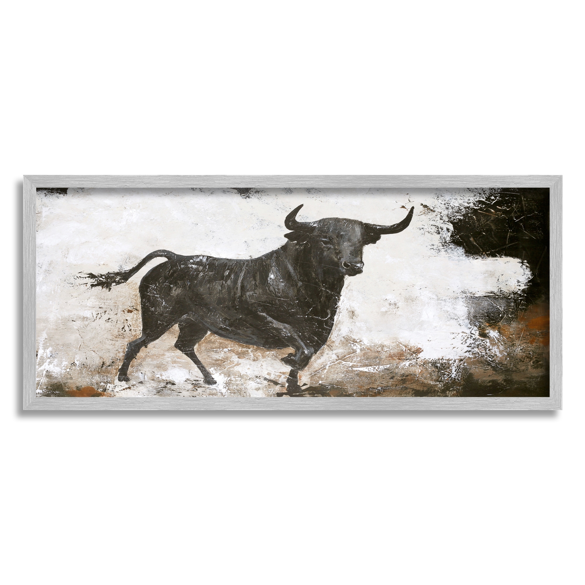 Stupell Rustic Running Bull Abstract Animal Painting Wild Cattle Framed Wall Art - Off-White