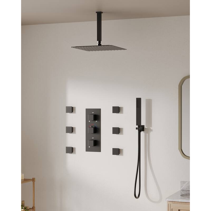 Thermostatic Shower System 12" Rain Shower Head with High Pressure Handheld Spray