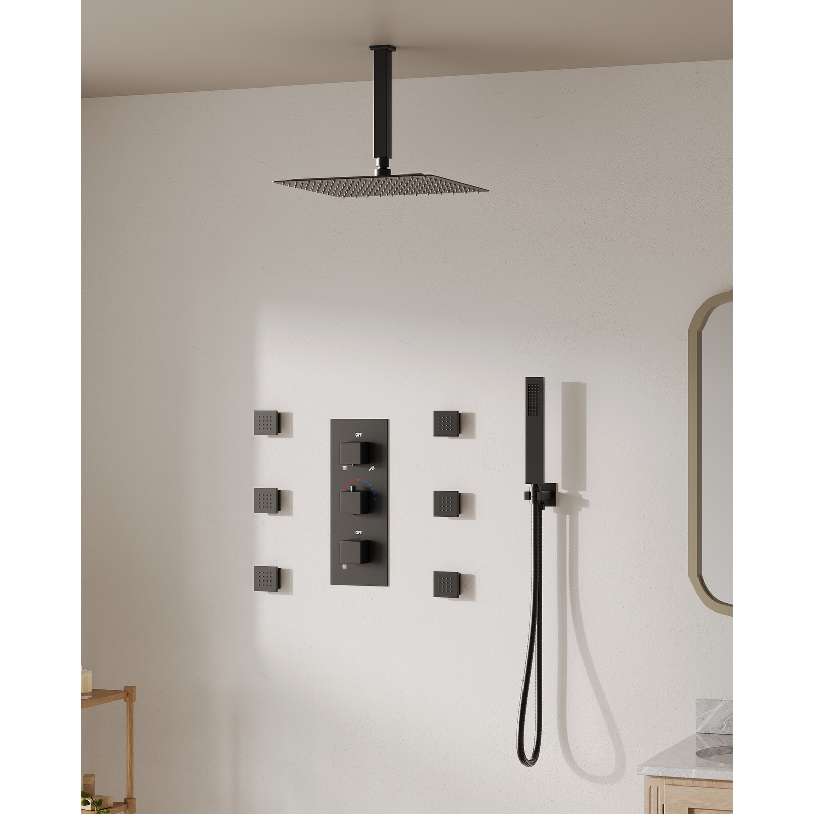 Thermostatic Shower System 12" Rain Shower Head with High Pressure Handheld Spray