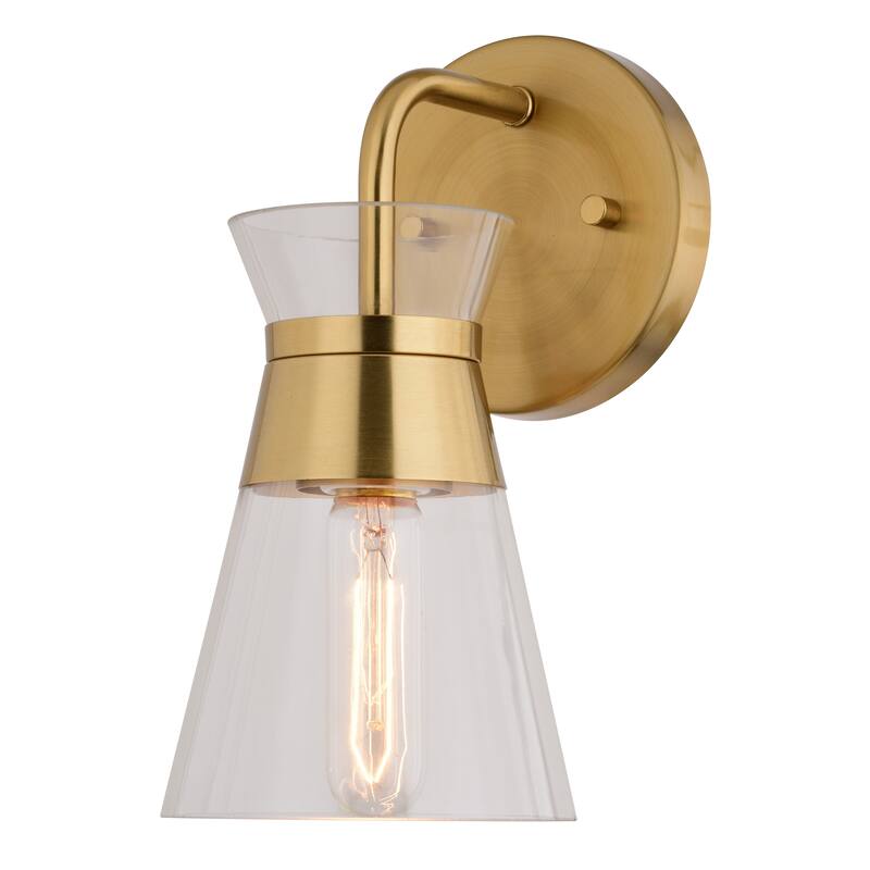 VAXCEL Harper Natural Brass Gold Mid-Century Modern Bathroom Vanity Lighting Fixture, Clear Glass Shade, Wall Sconce