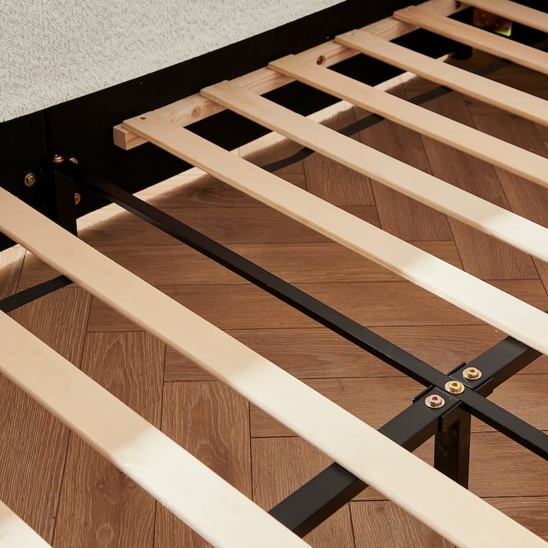 Upholstered Platform Bed with Safety Rail Pocket and RabbitEar Platform Bed w/Skin-friendly Boucle Wood Slat Support Bed Frame