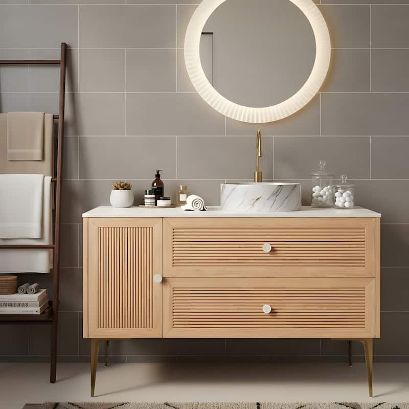 Freestanding Bathroom Vanity with Round Ceramic Basin - 48 - Oak+Stone White