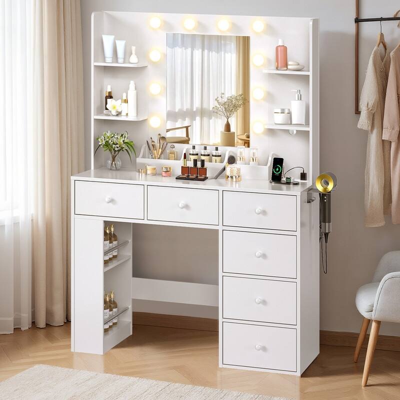 Particle Board Veneered 6-drawer 3-compartment Double-layer Side Rack, Side Panel Storage Style Dressing Table - N/A - White