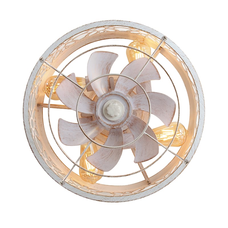 16.5in Vintage Distressed White Flush Mount Caged Ceiling Fan with Remote Light(7-Blade)