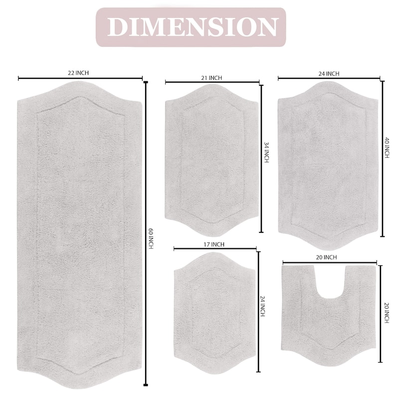 Waterford Collection 100% Cotton Non-Slip Bathroom Rug Set, Machine Washable Bath Rug, 5 Piece Bath Mat Set with Contour
