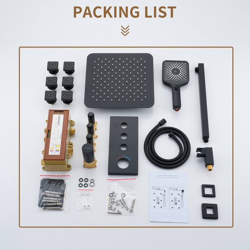 3 Functions 12 Inch Wall Mount Thermostatic Shower System in Matte Black