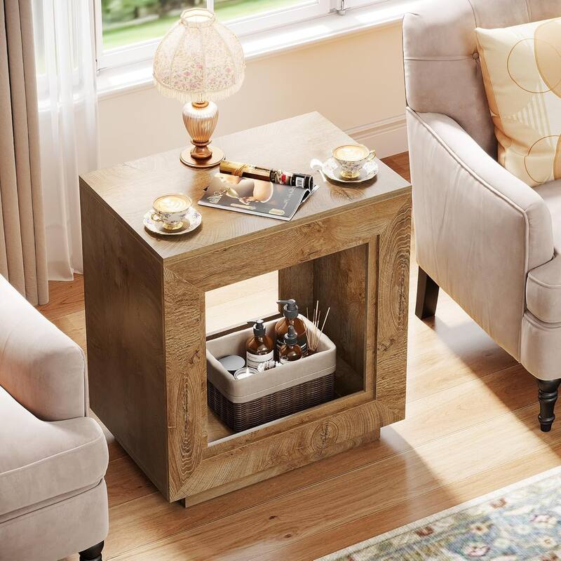 24" Rustic 2-Tier End Table, Side Table with Storage Shelf, Sofa Nightstand for Living Room, Bedroom, Entryway