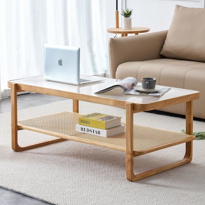 Rectangular Double-Layer Glass Coffee Table, Rattan Chinese Side Table with Open Storage Shelf, Solid Wood Table