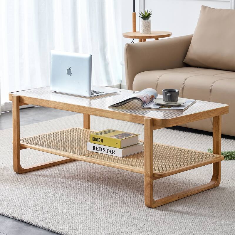 Roomfitters Walnut Solid Wood Coffee Table with Rattan Shelf, Glass Top Rectangle Tea Table for Living Room or Bedroom - Natural