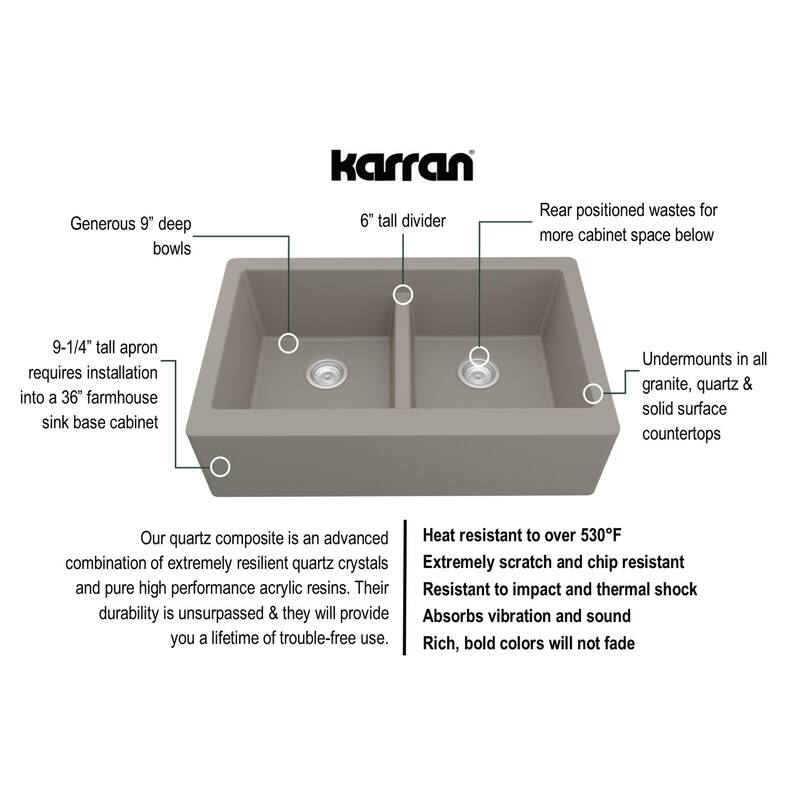 Karran Farmhouse Apron Front Quartz Double Bowl Kitchen Sink Kit