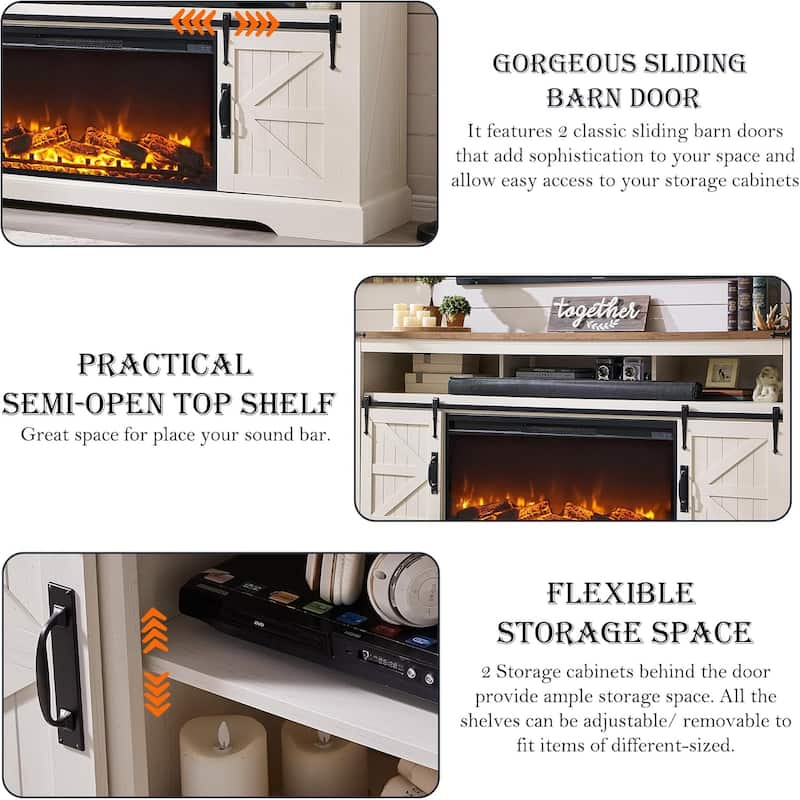 Farmhouse Fireplace TV Stand for 80" TV, Rustic Entertainment Center