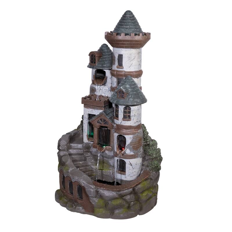 Alpine Corporation USA1368 35" Brown Tower Castle Fountain with Color Changing LED Lights
