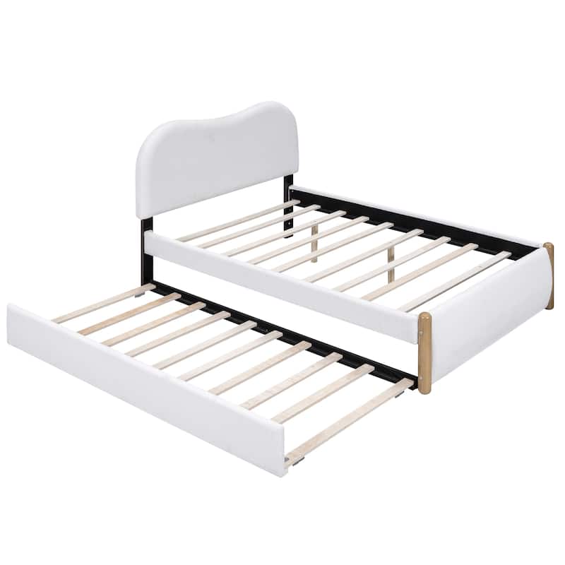 Full Size Upholstered Platform Bed with Wood Supporting Feet and Twin Size Trundle, Gray
