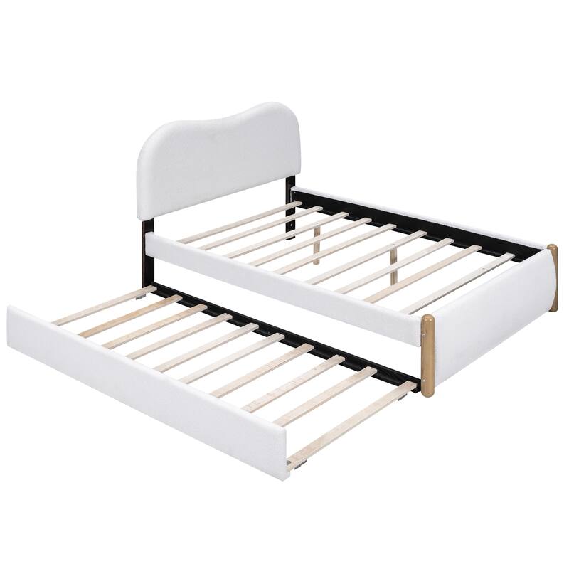 White Full Berber Fleece Platform Bed with Trundle and Wooden Feet