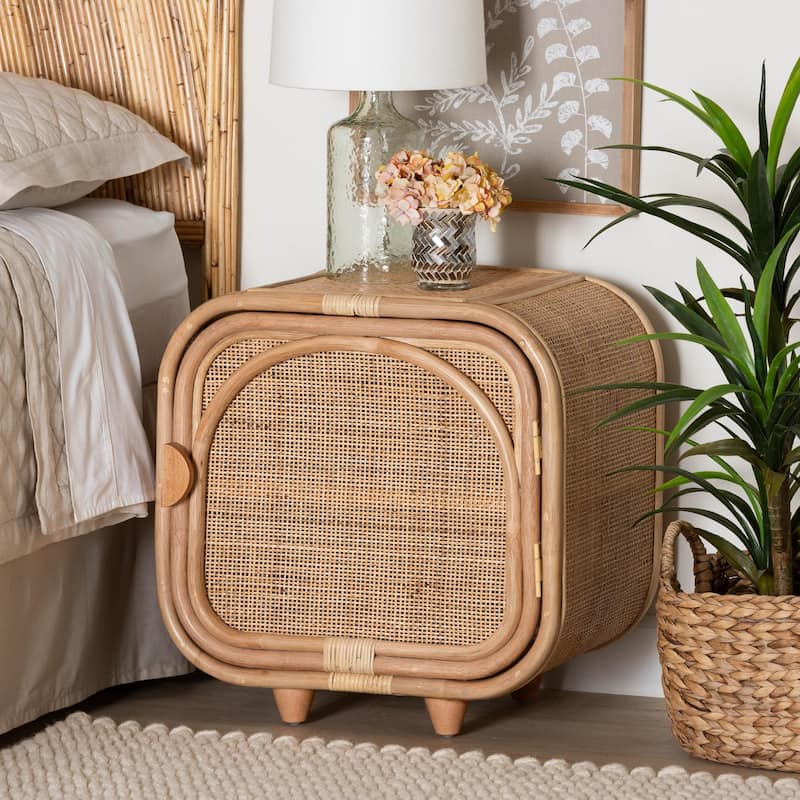 Keita Bohemian Natural Rattan and Mahogany Wood Nightstand