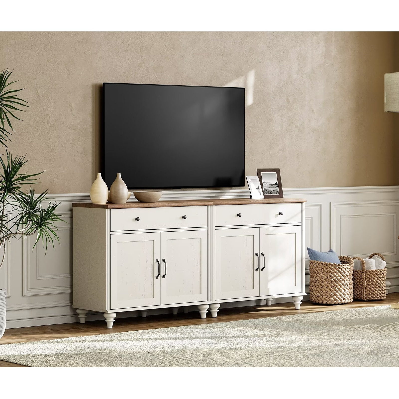 Farmhouse TV Stand for 75 inch TV, TV Console with Storage