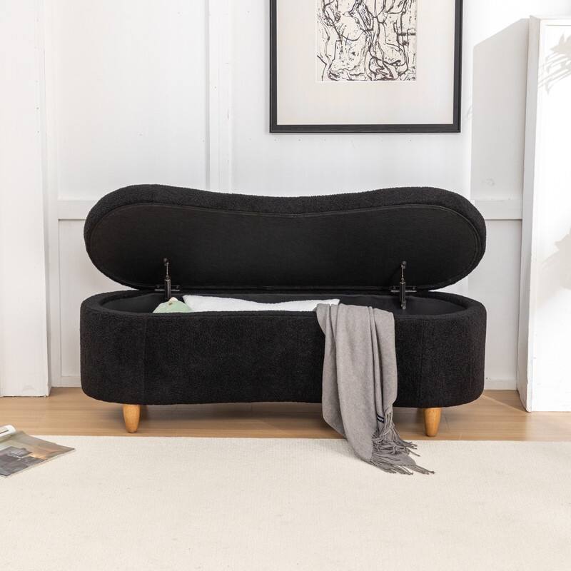 Modern Glam Teddy Fabric Upholstered Storage Ottoman Bench - Black