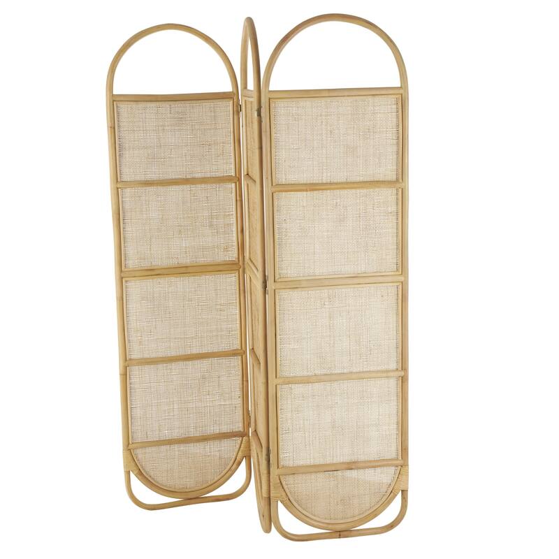 Rattan Geometric Woven Arched Oval 3 Panel Partition Room Divider Screen - Light Brown - Roche River Decor - 17"W x 51"L x 71"H