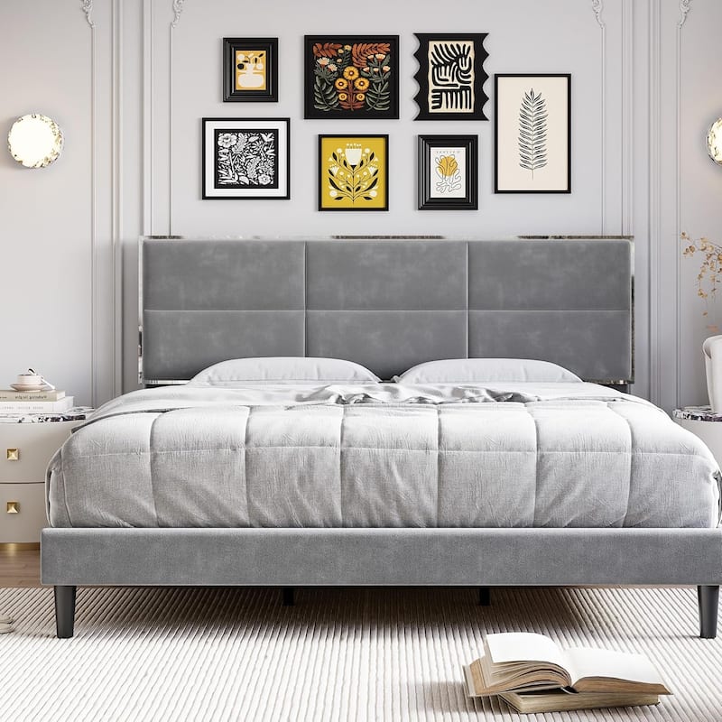 King Upholstered Bed Frame with Headboard, Grey Velvet Platform with Wood Slats, No Box Spring Needed, Noise-Free - King - Grey