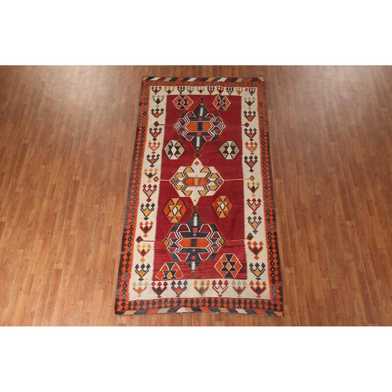 Red Kilim Qashqai Persian Vintage Rug Flatweave Wool Carpet - 5'1" x 9'11"
